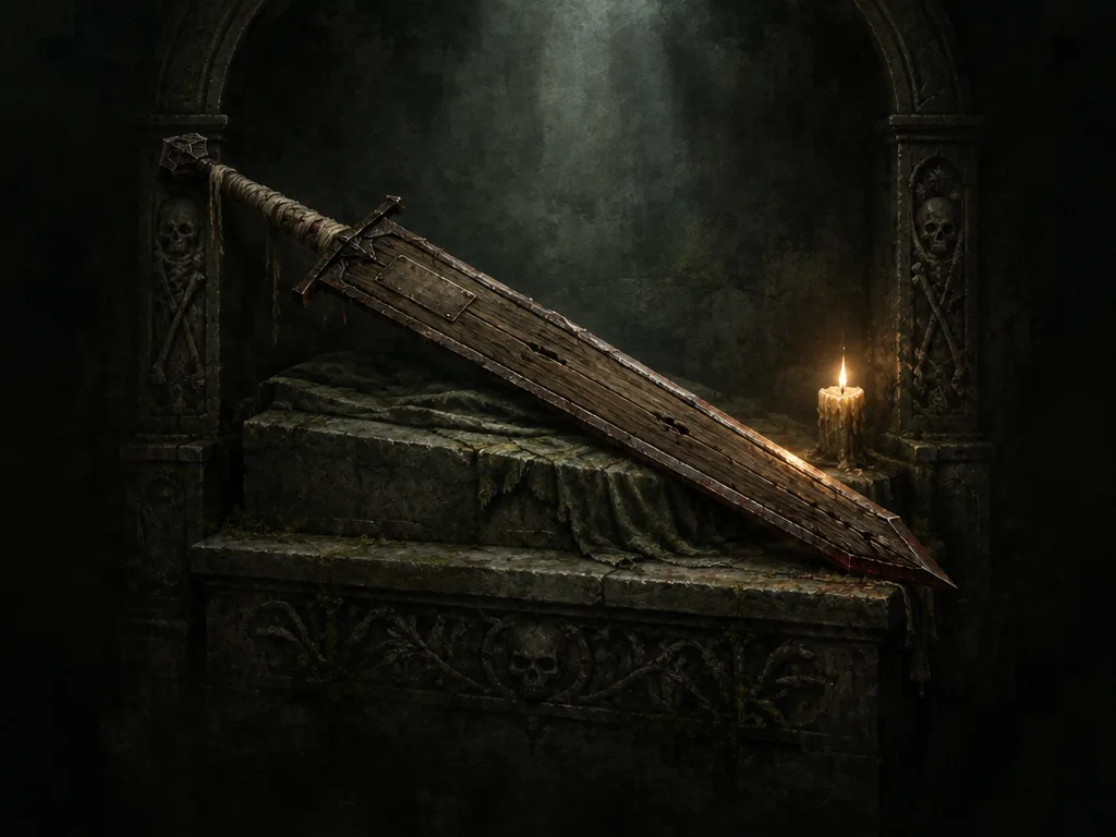 Coffin Blade, pedang besar dari tutup peti kayu berbingkai besi, bersandar di atas lempeng makam di samping lilin